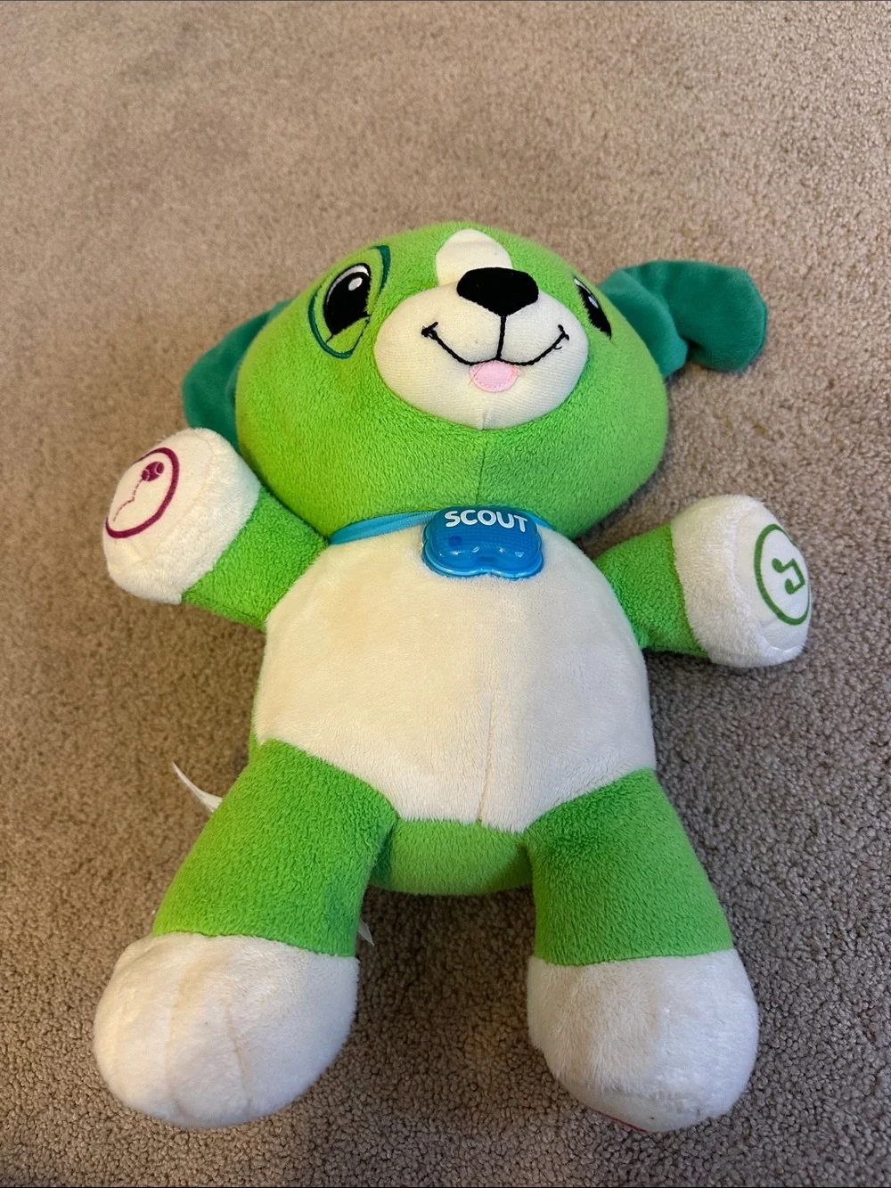 Scout Plush Puppy in Green and White with Blue Collar